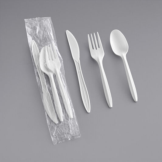 Medium Weight White Wrapped Plastic Cutlery Set with Knife, Fork, and Spoon - 500/Case