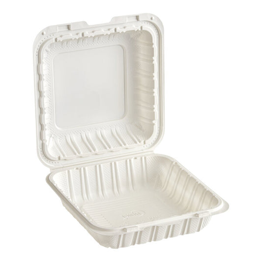 8" x 8" 1-Compartment Microwaveable White Plastic Hinged Take-Out Container - 150/Case